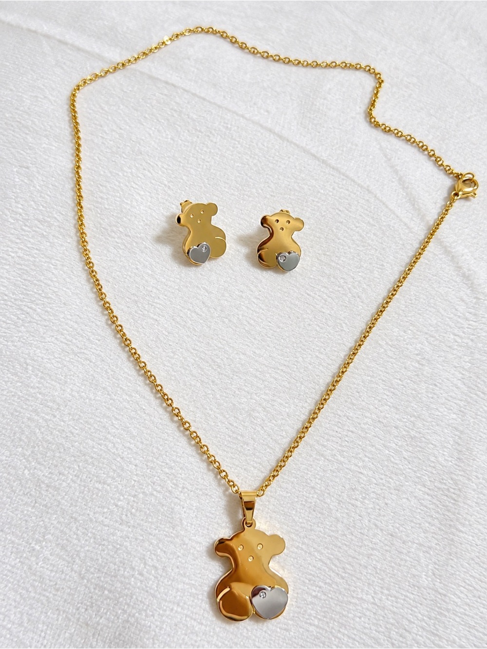 Gold Teddy Bear Necklace and Earring Set with Silver Heart Accent
